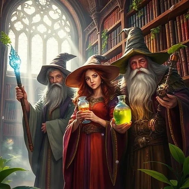 Three wizards in a magical library, holding glowing objects.