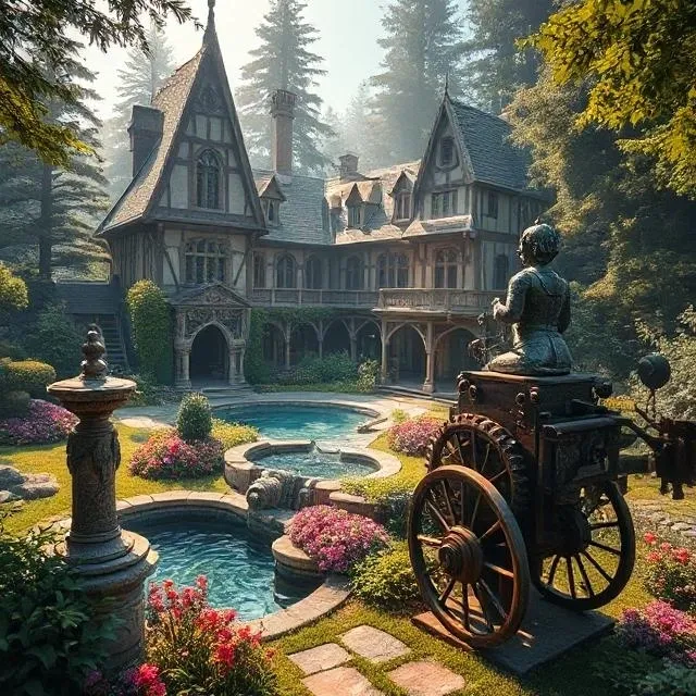 A picturesque mansion with a garden and fountain in a forest.