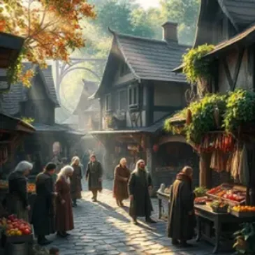 A bustling medieval marketplace with townsfolk and charming buildings.