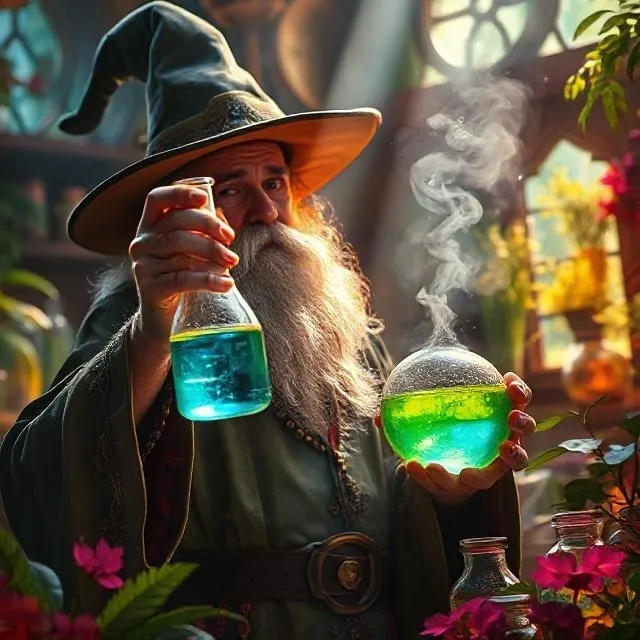 A wizard mixing colorful potions in a mystical workshop.