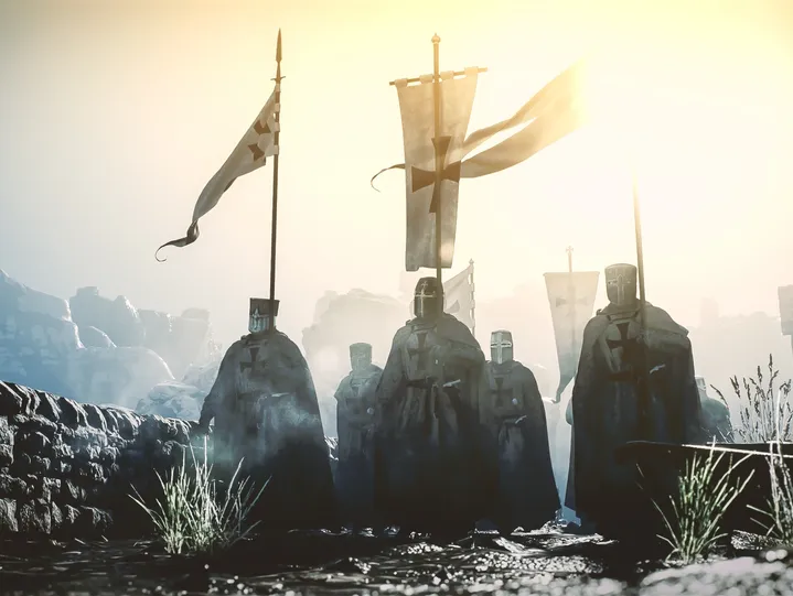 Three armored knights march with flags through a foggy battlefield at dawn.