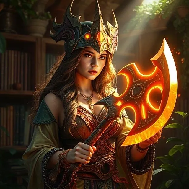 A fantasy warrior woman holding a glowing axe in a mystical forest.