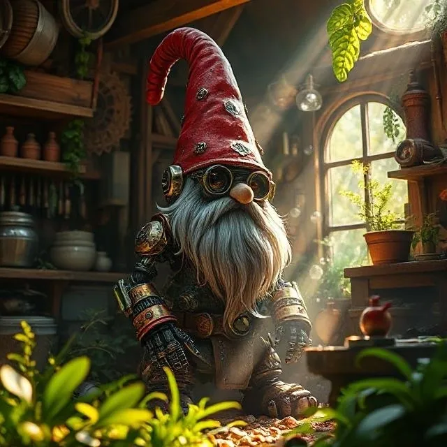 A whimsical garden gnome with a tall red hat in a sunlit rustic room.