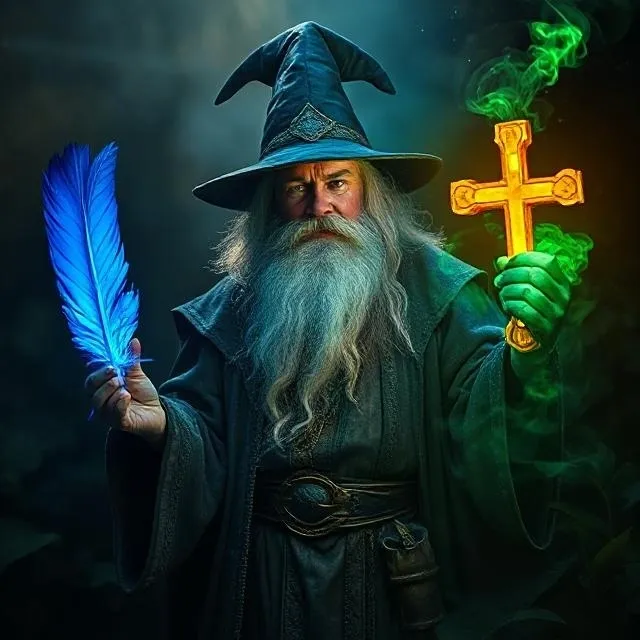 A wizard holding a glowing cross and a blue feather.
