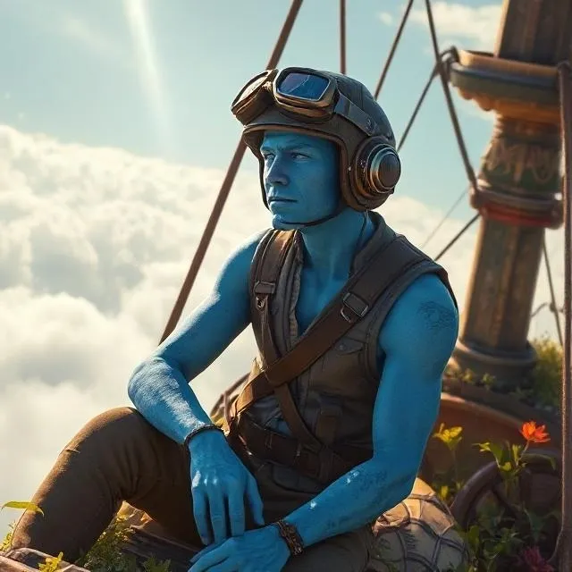 A blue-skinned character sitting thoughtfully on an airship above the clouds.