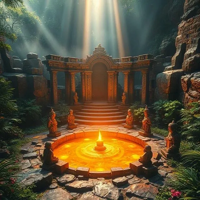A mystical ancient temple with glowing orange fire in a circular pit.