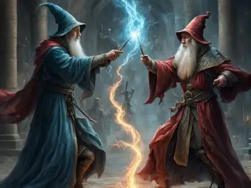 Two wizards in robes casting spells at each other.