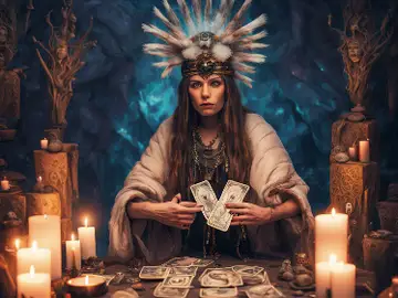 A woman in a feathered headdress reads tarot cards by candlelight.