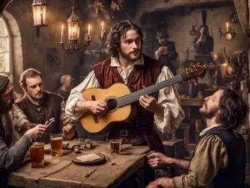 A medieval man playing guitar surrounded by listeners in a rustic tavern.