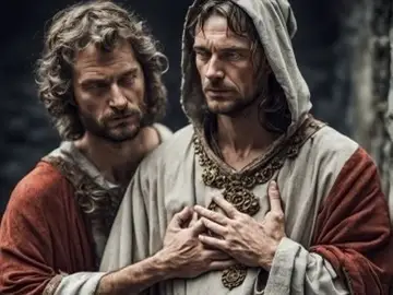 Two men in ancient robes, one with hands clasped, both looking serious.