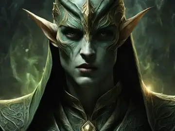 A mystical elf with greenish skin and piercing eyes in a dark forest.