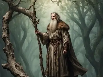A wise wizard stands in a mystical forest holding a staff.