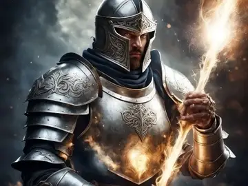 A medieval knight in shining armor holding a flaming torch.