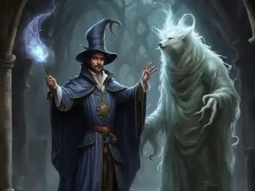 A wizard conjures a glowing, mystical wolf spirit in a dark forest.