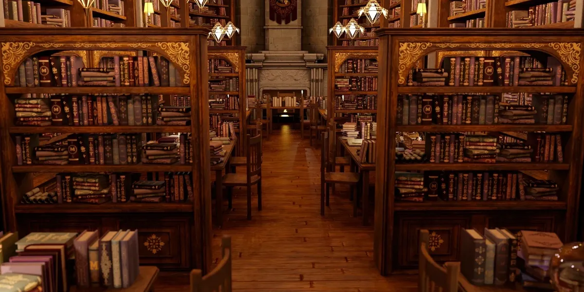 Cozy vintage library with wooden shelves and warm lighting.
