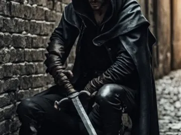 A mysterious figure dressed in black leather holding a sword.