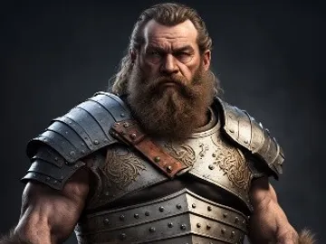 A stern warrior with a thick beard and armored chest plate.