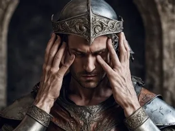 A fierce warrior wearing a metal helmet, preparing for battle.