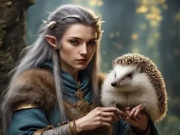 A fantasy elf woman holding a hedgehog in a forest.