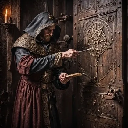 A medieval locksmith works on an intricate wooden door.