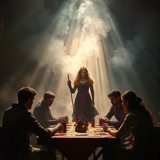 A woman stands illuminated by ethereal light as others sit around a table in shadow.
