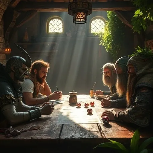 Adventurers gather around a table, planning their next quest by candlelight.