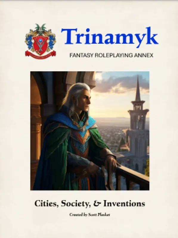 Cover of a fantasy roleplaying game annex featuring a wise figure overlooking a city.