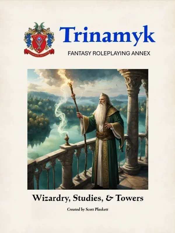 A fantasy wizard conjuring lightning near a castle tower.