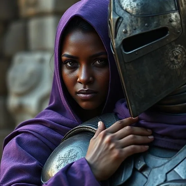 A woman in a purple cloak holding a knight's armored shoulder.