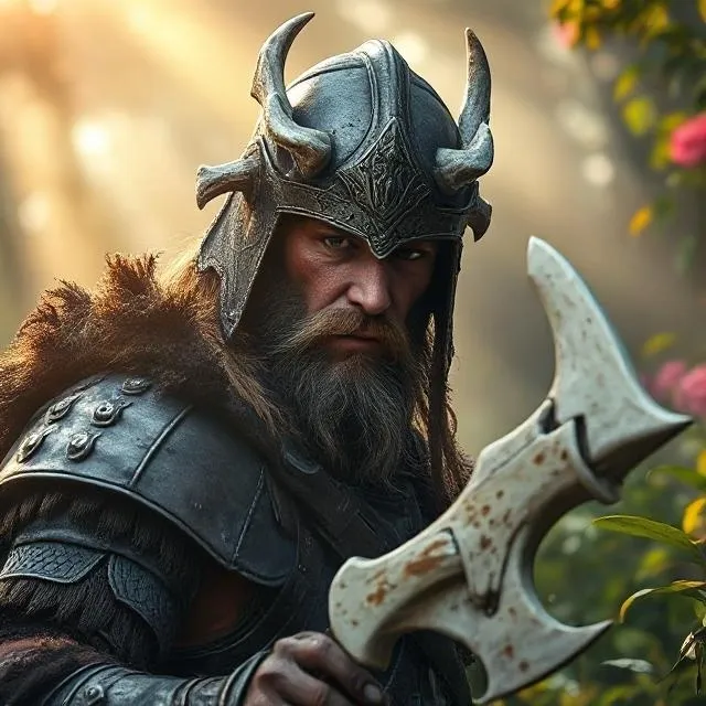 A fierce warrior in horned helmet wielding a battle axe in a forest.
