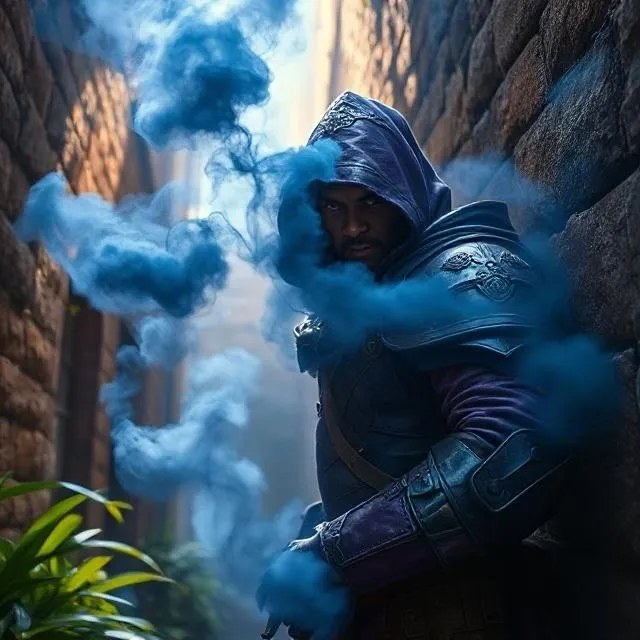 A hooded figure with blue smoke in a narrow alley.