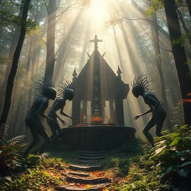 Eerie forest scene with two skeletal figures guarding a chapel bathed in sunlight.