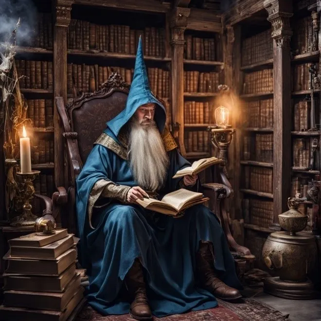 A wizard in a blue robe reading an ancient book in a dimly lit library.