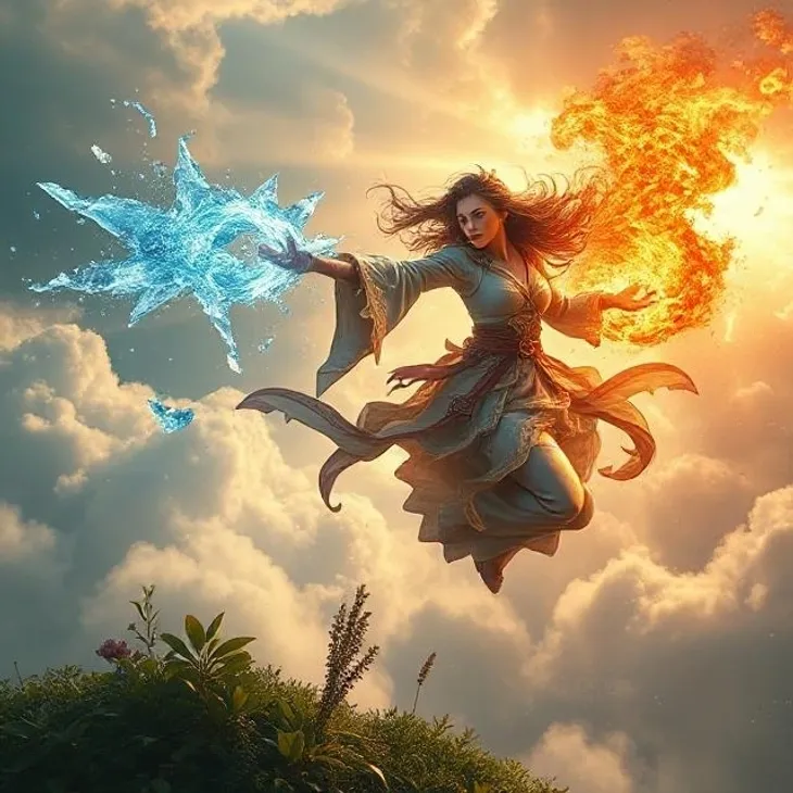 A mystical figure controls fire and ice elements in a dramatic sky.