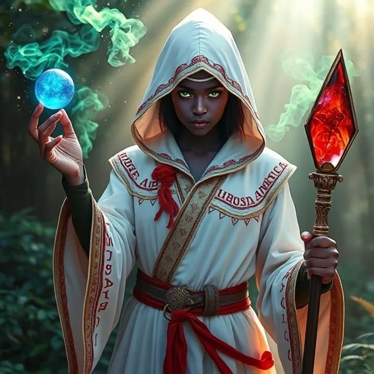 A hooded mage holding a glowing orb and a red crystal staff in a mystical forest.