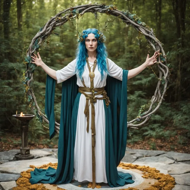 A woman in a mystical forest holds a large circular chain above her head.