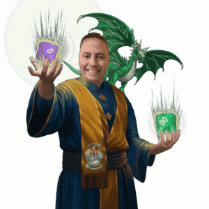 Scott Plaskett Art dressed as a wizard holding glowing magical orbs with a dragon behind him.