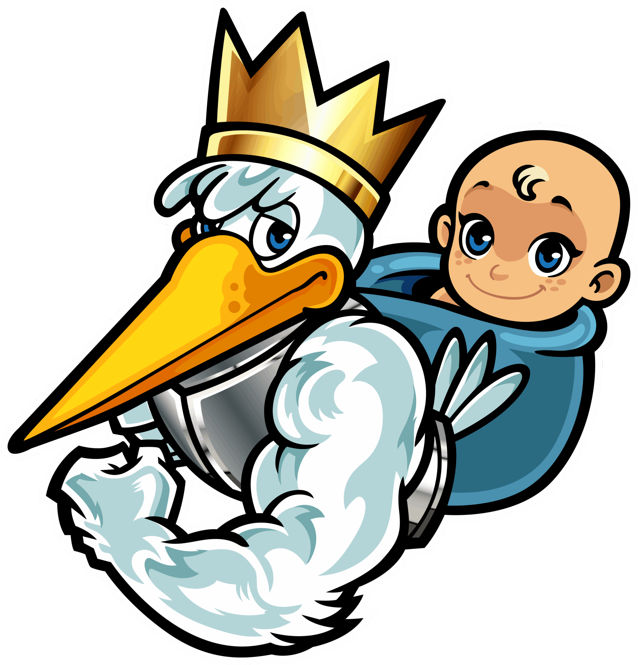 Cartoon stork carrying a baby with a crown on its head.