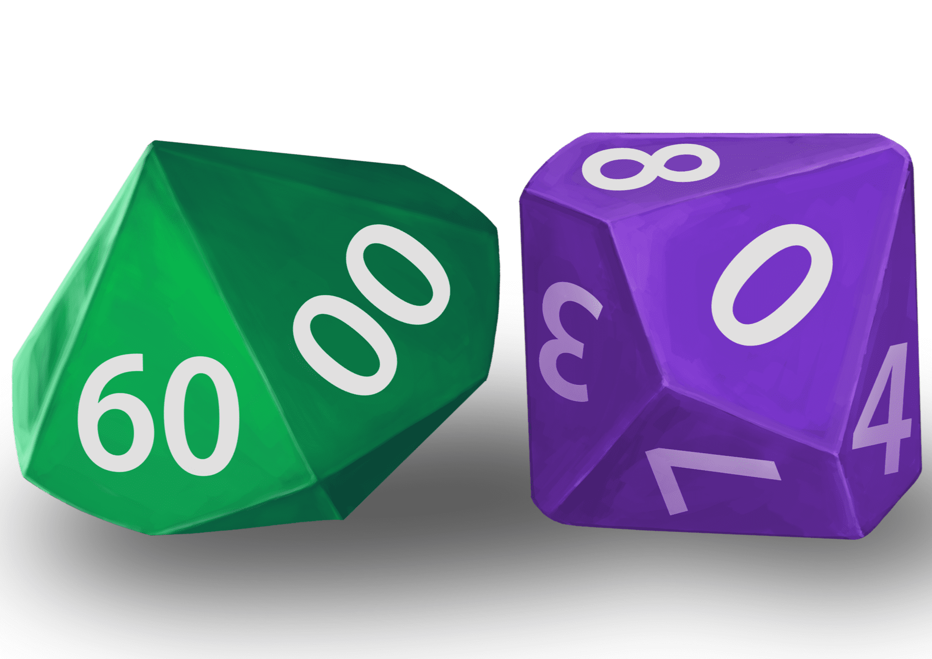 Two colorful polyhedral dice used in tabletop games.